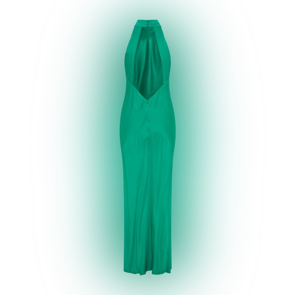 Meshki Claire Green Satin Drape Back Maxi Dress with Split - Picture 11 of 11